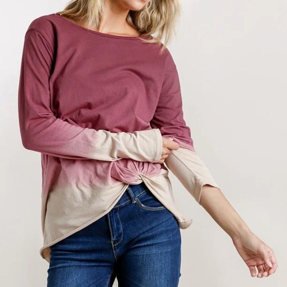 Umgee Medium Ombre Twist Front Long‎ Sleeve Top